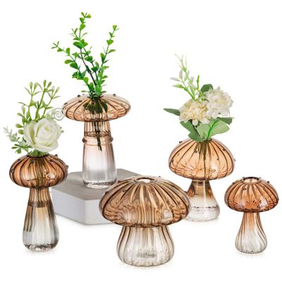 Glasseam Amber Glass Mushroom Vase: Cute Small Flower Vase Set of 5 Unique Mini Bud Vases for Centerpieces Decorative Vases for Flowers Funky Plant Vase Decor