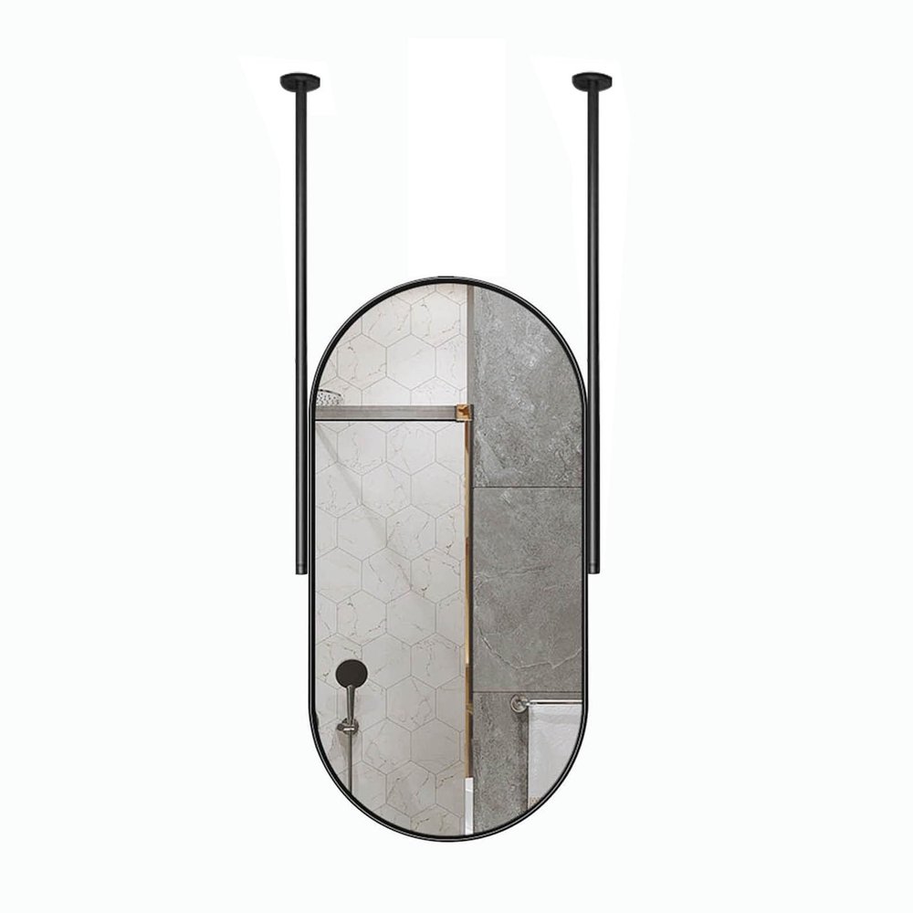 Black Metal Framed Oval Mirror with Ceiling-Mounted Boom, Vanity Mirror Bathroom Makeup Floating Mirror, Wall Decorative Hanging Mirror for Home Entryway(C,40cmx60cm)