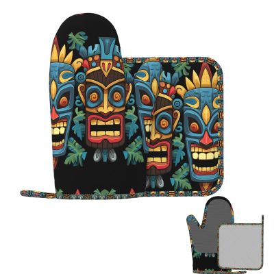 Oven Mitts and Pot Holders 2 pcs Heat Resistant Oven Glove Colorful Tiki mask Pattern Oven Mitt Non-Slip Oven Gloves for Cooking Kitchen Hot Pads for Grilling Microwave Baking BBQ