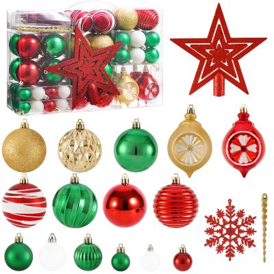 100PCS Christmas Tree Balls Ornaments Set with Topper, Gold+Red+Green+White Shatterproof Hanging Christmas Tree Decorations