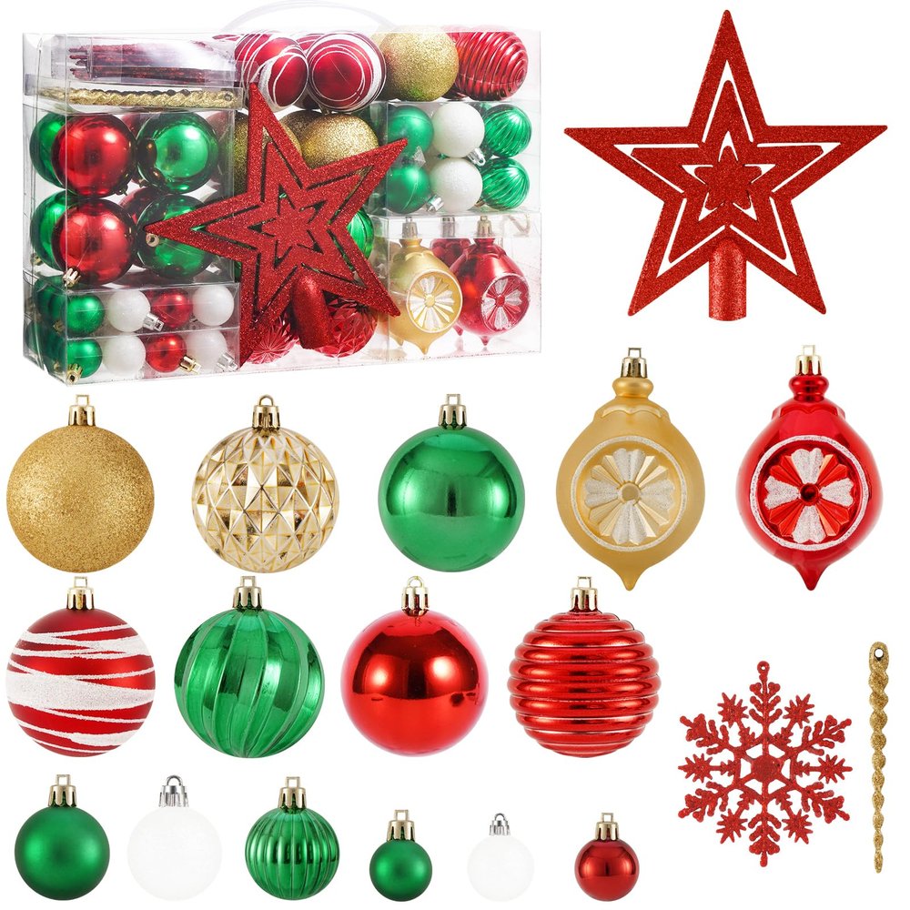 100PCS Christmas Tree Balls Ornaments Set with Topper, Gold+Red+Green+White Shatterproof Hanging Christmas Tree Decorations