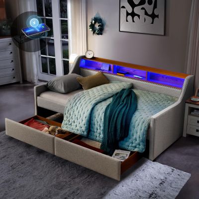 Twin Size Daybed with 2 Storage Drawers & Wireless Charger/USB/Type-C Port, Modern Linen Upholstered Sofa Day Bed Frame with 2 Tier Storage Headboard/LED Light for Livingroom, Apartment, Beige
