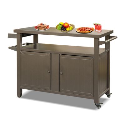 CHARMMA Grill Carts Outdoor Storage Cabinet with Wheels, Metal Outdoor Grill Table Kitchen Dining Table Cooking Prep BBQ Table for Patio, Kitchen Island, Home Party, Bar (Brown)