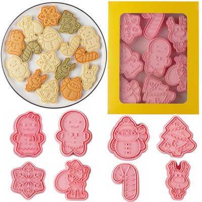 8 Pcs Christmas Cookie Cutters Set Baking Molds 3D Christmas Press type Cookie Cutter for Baking, Fondant, Cheese, and Pastries