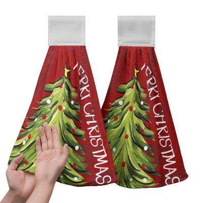 Lealeg Merry Christmas Tree Hanging Kitchen Towels Red Green Xmas Hand Towel with Hanging Loop Winter Holiday Hanging Dish Towels 2PCS Soft Absorbent Washcloth Tie Towel for Bathroom Kitchen 12x17