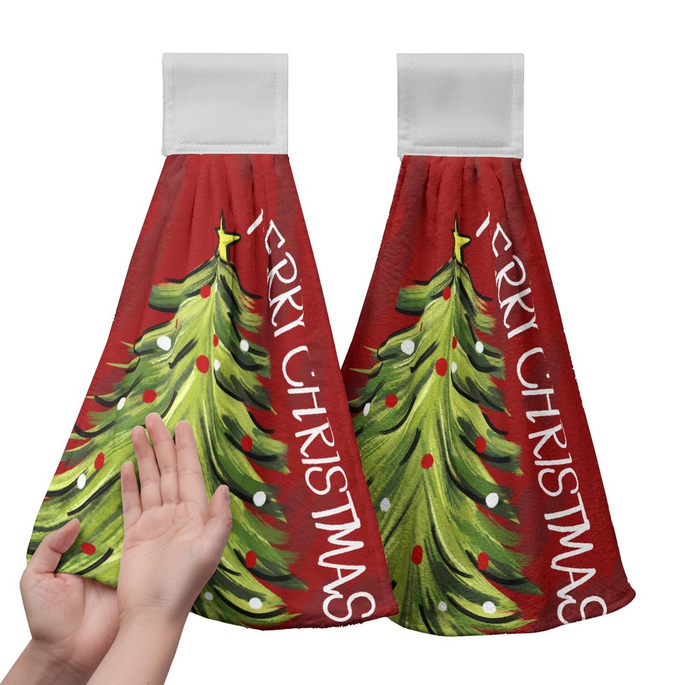 Lealeg Merry Christmas Tree Hanging Kitchen Towels Red Green Xmas Hand Towel with Hanging Loop Winter Holiday Hanging Dish Towels 2PCS Soft Absorbent Washcloth Tie Towel for Bathroom Kitchen 12x17