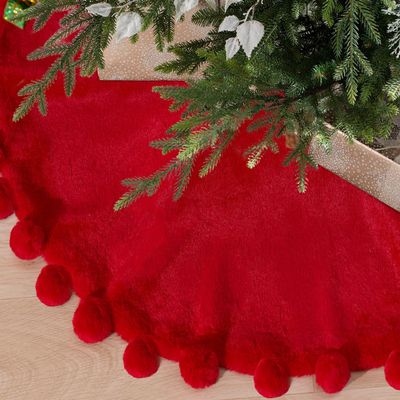 ORTIGIA Mini Red Christmas Tree Skirt 14 Inch with POM POM Soft Plush Faux Fur Xmas Tree Skirt for Table Top Tree Mini Small Christmas Tree Home Holiday Party Ornaments Indoor Decor Decoration