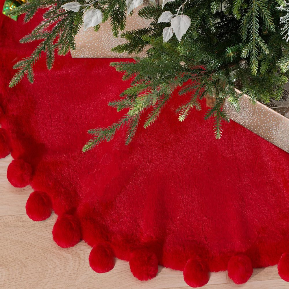 ORTIGIA Mini Red Christmas Tree Skirt 14 Inch with POM POM Soft Plush Faux Fur Xmas Tree Skirt for Table Top Tree Mini Small Christmas Tree Home Holiday Party Ornaments Indoor Decor Decoration