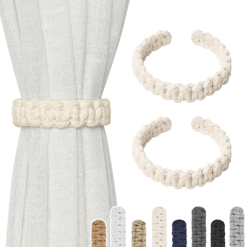 NICEEC 2 Pack Natural Cotton Rope Curtain Tiebacks Farmhouse Rustic Style Decorative Drape Tie Backs Handmade Braided Curtain Holdbacks for Home & Office Sheer/Light Weight Drapery (C-Beige-S)