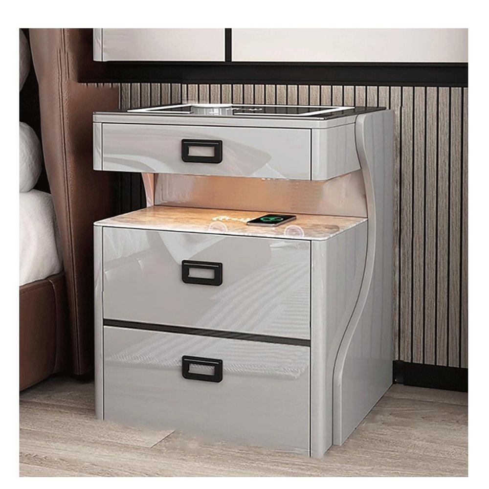 YOIPOA Nightstand Bedside Smart Nightstand with Charging Station with 2 Drawers with Open Storage Tall Led Bedside Cabinet Bedroom Safe and Stable