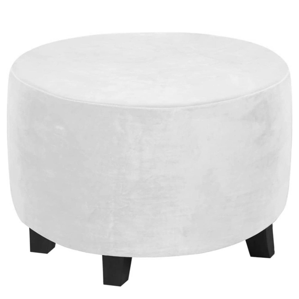 CLGTY Ottoman Cover Round, Stretch Velvet Storage Ottoman Slipcover Removable Round Footrest Stool Covers Washable Folding Storage Stool Furniture Protector with Elastic Bottom-Ivory-Medium