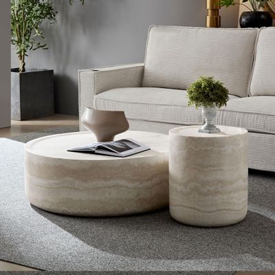 2 Piece Living Room Table Sets,Marble 2-Piece Table Set includes 1 Coffee Table and End Tables with Stainless Steel Frame,Coffee Table Set of 3 for Living Room (Beige, 39.37''+15.74'')