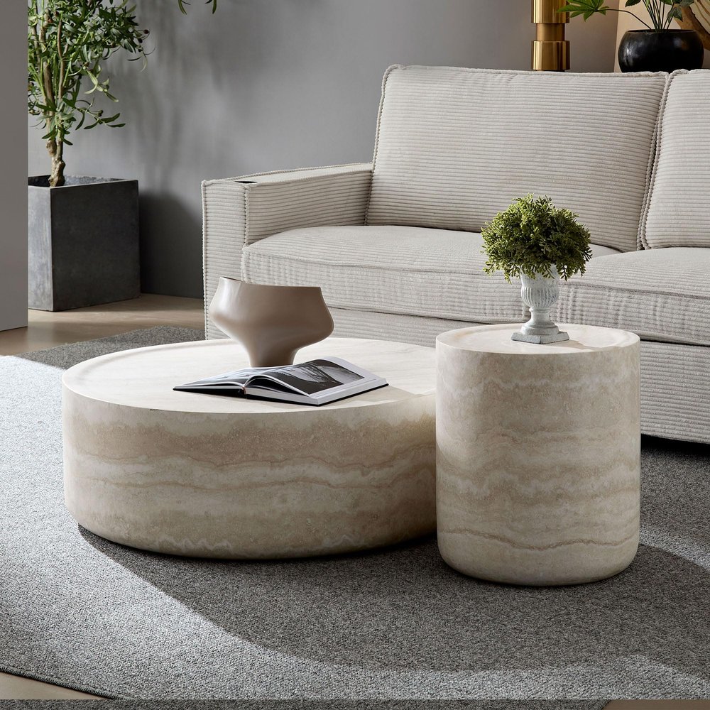 2 Piece Living Room Table Sets,Marble 2-Piece Table Set includes 1 Coffee Table and End Tables with Stainless Steel Frame,Coffee Table Set of 3 for Living Room (Beige, 39.37''+15.74'')