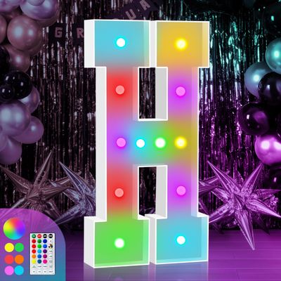 4FT Colorful Marquee Light Up Letter H, Large Name Letters, Marry Me Letters, Baby Letters, Love Letters Light Up Sign for Wedding Party Decoration, Cardboard Letters, 18 Color Modes with Remote