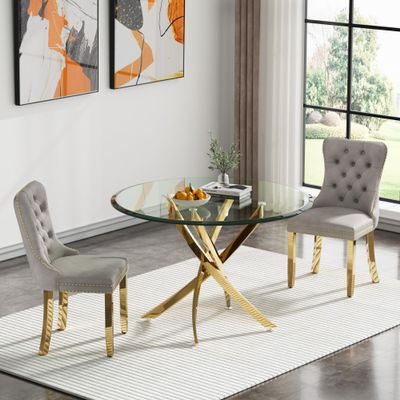 Round Dining Table Set for 2, Modern 3 Piece Dining Room Set w/36 Round Glass Gold Kitchen Table and 2 Grey Velvet Upholstered Chairs, Round Coffee Table Set for Living Room Apartment