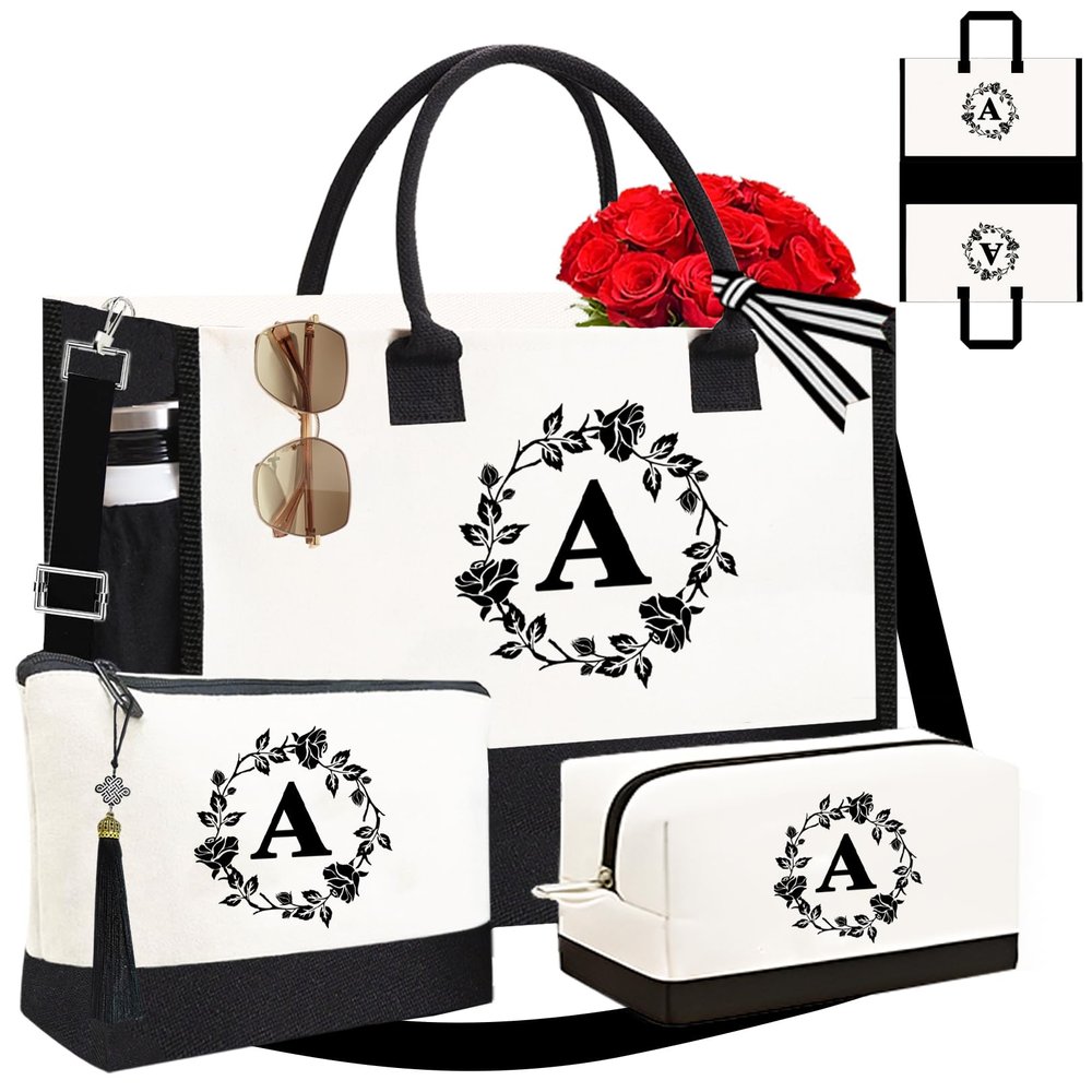 Adoryoung Monogrammed Tote Bags, Makeup Bag with Zipper, Travel Gift, 3PCS Initial Personalized Monogram Tote Bags for Women, Mother Gifts, Birthday Tote Letter Canvas Bag for Women (A)