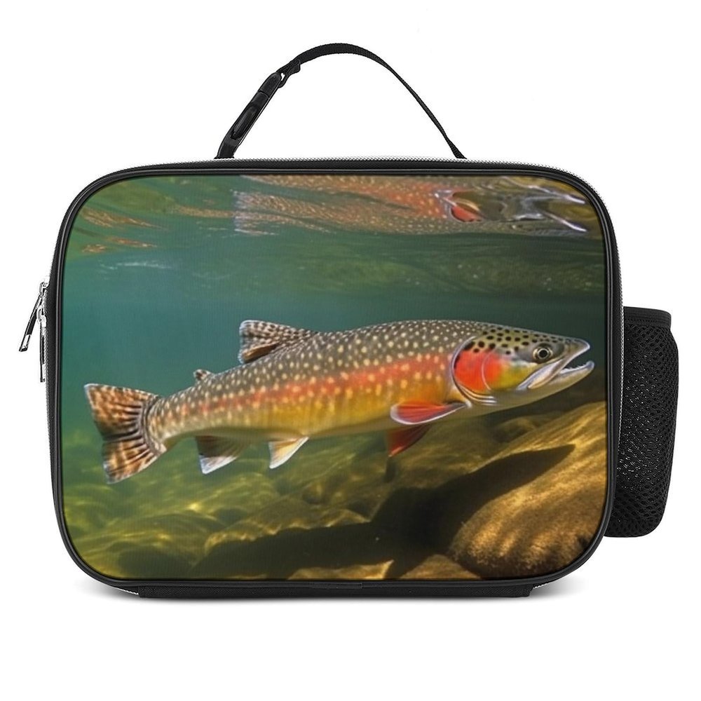 NQLYUT Lunch Bag for Women Men Lunch Box Reusable Brook Trout Fly Fishing Lunch Tote Bag Leakproof Lunch Cooler Bag for Work, 27x21x9cm
