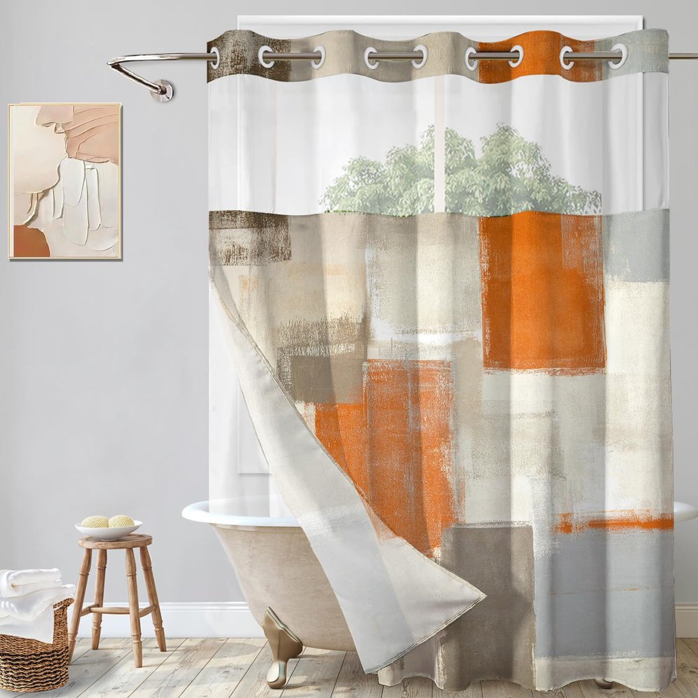 Lnond No Hooks Shower Curtain with Snap in Liner, Orange Grey Abstract Hookless Shower Curtain for Bathroom, Machine Washable, 71" (W) X 74" (H)