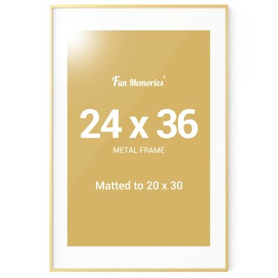 Fun Memories 24x36 Picture Frame, 24x36 Gold Metal Poster Frame with Mat for 20x30 Photo- Vertical and Horizontal Display - Wall Hook Hanging Hardware Included -Set of 1