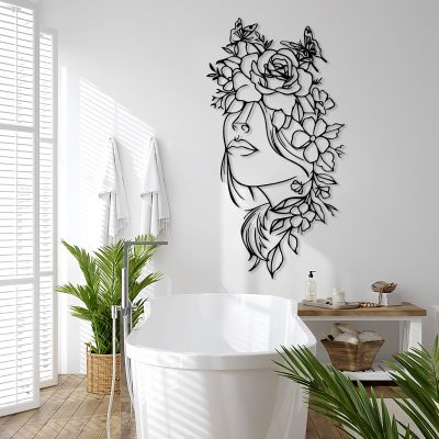 Idadey Metal Minimalist Wall Art Women, Women Wall Art, Flower Wall Decor, Metal Flower Wall Art, Abstract Face Wall Art, Metal Line Art Wall Decor, Wall Decor for Bedroom (Black, 25x48in|64x121cm)