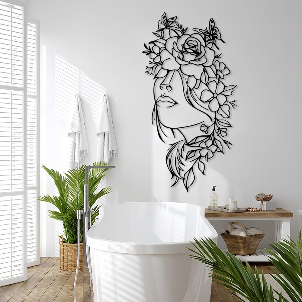 Idadey Metal Minimalist Wall Art Women, Women Wall Art, Flower Wall Decor, Metal Flower Wall Art, Abstract Face Wall Art, Metal Line Art Wall Decor, Wall Decor for Bedroom (Black, 25x48in|64x121cm)