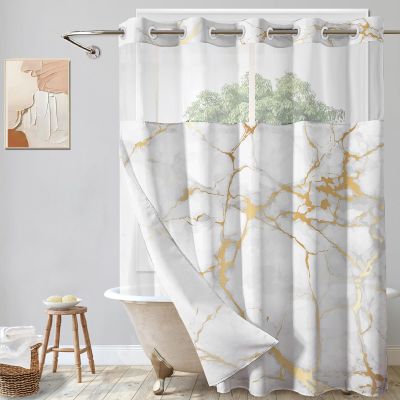 Lnond No Hooks Shower Curtain with Snap in Liner, White Gold Marble Hookless Shower Curtain for Bathroom,Machine Washable, 71" (W) X 74" (H)
