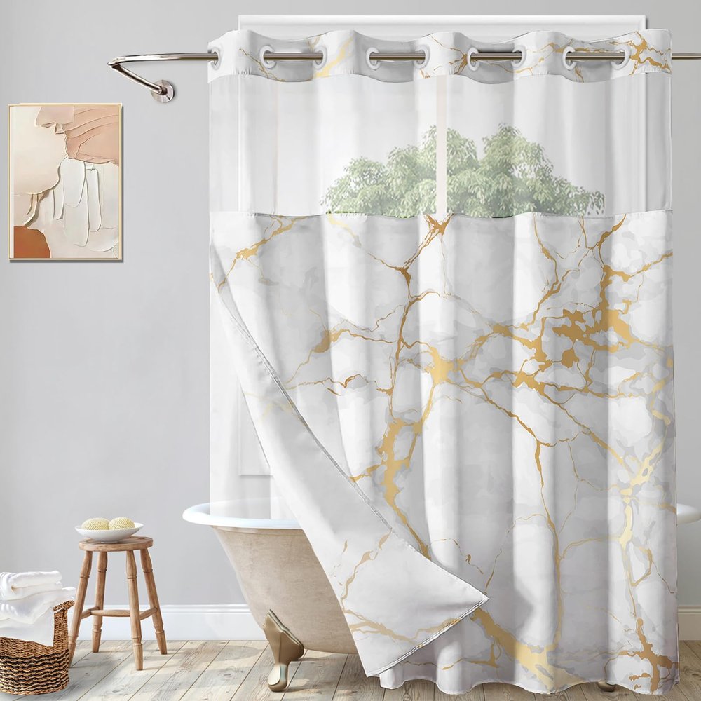 Lnond No Hooks Shower Curtain with Snap in Liner, White Gold Marble Hookless Shower Curtain for Bathroom,Machine Washable, 71" (W) X 74" (H)