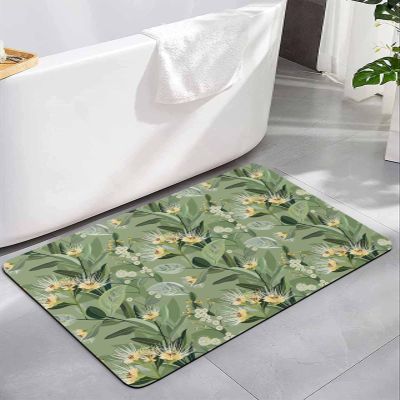 Bath Rugs Bathroom Rug,Green Watercolor Leaves Flowers Absorbent Diatomaceous Earth Bath Mat Quick Drying Non-Slip Washable Shower Mat,Pastoral Floral Branches Plants Doormat for Bathtub Kitchen