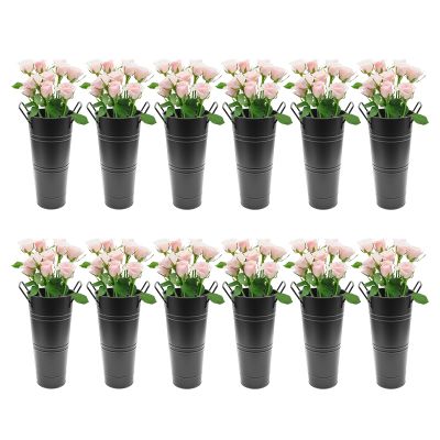 CNCEST 12 Pcs White Metal Flower Buckets, Flower Display Buckets, 9 Inch Metal Vase with Handles, for Home, Garden, Flower Shop, Entrance, Living Room Wedding Flower Display (Black)