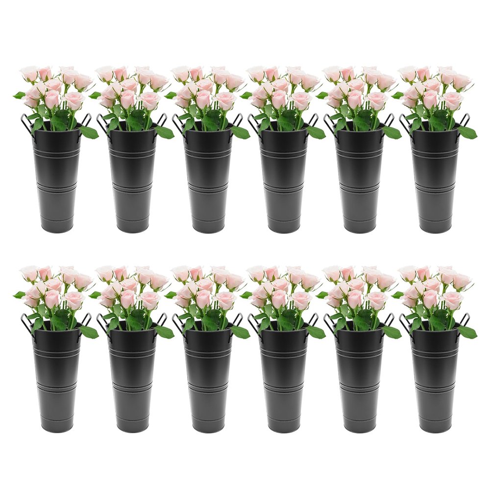 CNCEST 12 Pcs White Metal Flower Buckets, Flower Display Buckets, 9 Inch Metal Vase with Handles, for Home, Garden, Flower Shop, Entrance, Living Room Wedding Flower Display (Black)