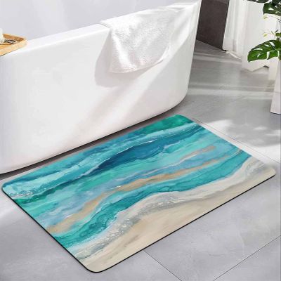 Bath Rugs Bathroom Rug,Summer Ocean Wave Beach Absorbent Diatomaceous Earth Bath Mat Quick Drying Non-Slip Washable Shower Mat,Abstract Turquoise Gradient Watercolor Doormat for Bathtub Kitchen