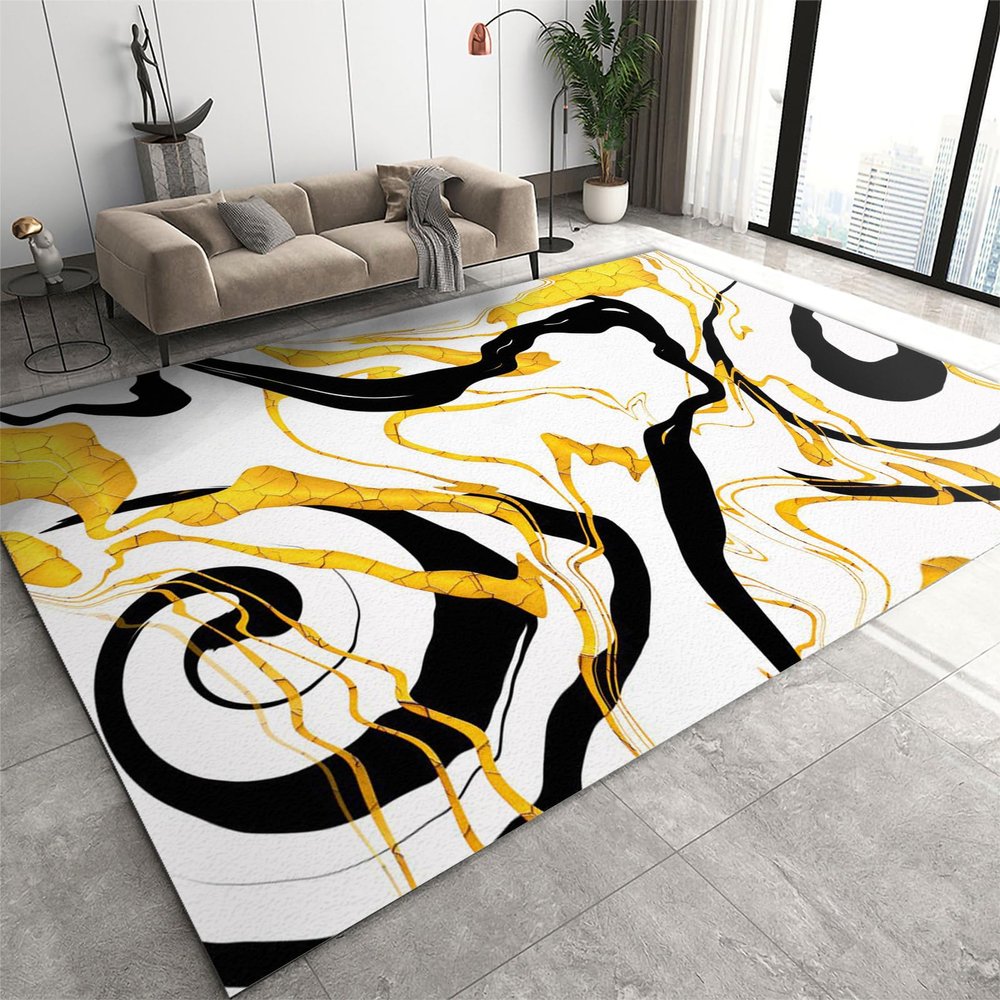 Abstract Black Yellow Irregular Stripes Art Area Rug, European Luxury Large Area Rug, Non Slip Backing Low Pile Washable Carpet for Living Room Bedroom Kitchen Office Floor Mat - 4 ft x 6 ft