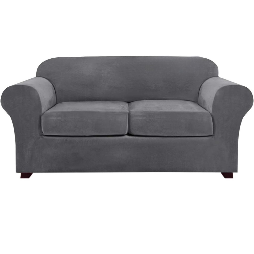 CLGTY Stretch Sofa Cover, 3 Piece Velvet Couch Cover for 2 Cushion Couch Loveseat Cover Soft Sofa Slipcover for Dog Thick Furniture Protector with Elastic Bottom Washable-Dark Grey-Medium-XL