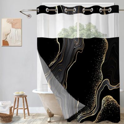 Lnond No Hooks Shower Curtain with Snap in Liner, Black Gold Marble Hookless Shower Curtain for Bathroom,Machine Washable,71" (W) X 74" (H)