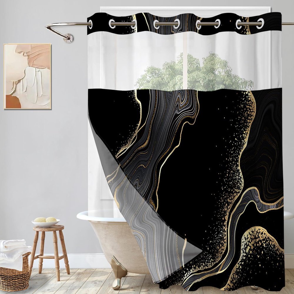 Lnond No Hooks Shower Curtain with Snap in Liner, Black Gold Marble Hookless Shower Curtain for Bathroom,Machine Washable,71" (W) X 74" (H)