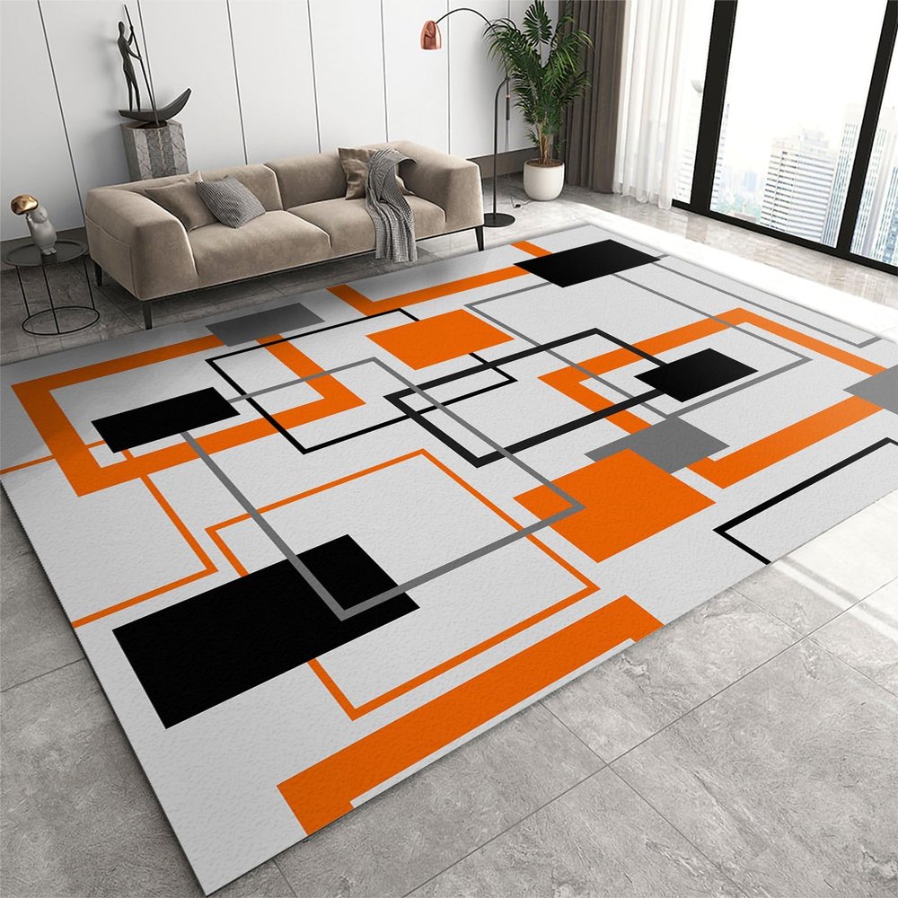 Abstract Geometric Lines Area Rugs, Orange Black Gray Geometry Art Easy Clean Rug, Soft Non-Skid Carpet Throw Rug for Kids Teen Girls Boys BedroomLiving Room Bathroom Classroom Office 2ftx3ft