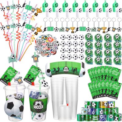 Seenelling Party Favors Set with Cup Straw Cup Sleeve Bouncy Ball Mini Pinball Machine Keychain Sticker Clap Bracelet Tag for Sport Reward Birthday Gift Party Supplies(195 Pcs,Soccer)