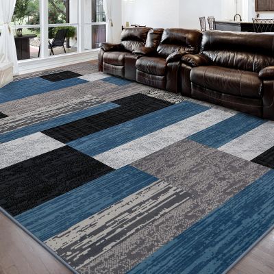 FlyDOIT Modern Geometric Patchwork Area Rug, 8x10 Blue Large Rugs for Living Room, Rockwood Collection Indoor Rugs for Bedroom, Throw Carpet Floor Decor for Entryway Dining Room Office Nursery