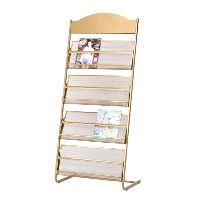 Modern Freestanding Magazine Floor-Standing Magazine Rack Information Rack Storage Rack 4-Layer Newspaper Display Rack Metal Manual Book Rack for Exhibitions, Office Floor Standing Magazine(Gold)