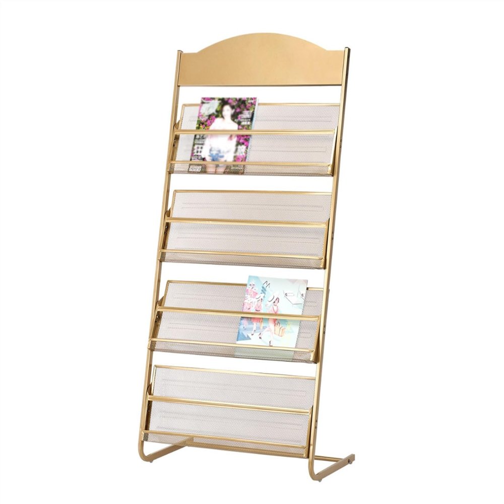 Modern Freestanding Magazine Floor-Standing Magazine Rack Information Rack Storage Rack 4-Layer Newspaper Display Rack Metal Manual Book Rack for Exhibitions, Office Floor Standing Magazine(Gold)