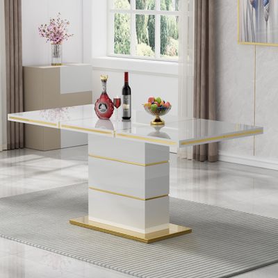 70'' Luxury Rectangle Dining Table for 4-6, Modern High Glossy White Gold Dining Room Table with Stainless Steel Base, Stable MDF Pillar Kitchen Table for 6, Wood Kitchen & Dining Table for Home