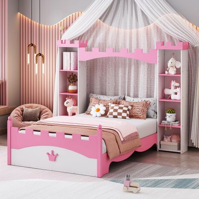 MKABAK Twin Size Princess Bed with Storage Shelves and Castle-Shaped Headboard, Wood Dreamy Platform Bed Frame with Bookshelf for Kids Girls, White+Pink