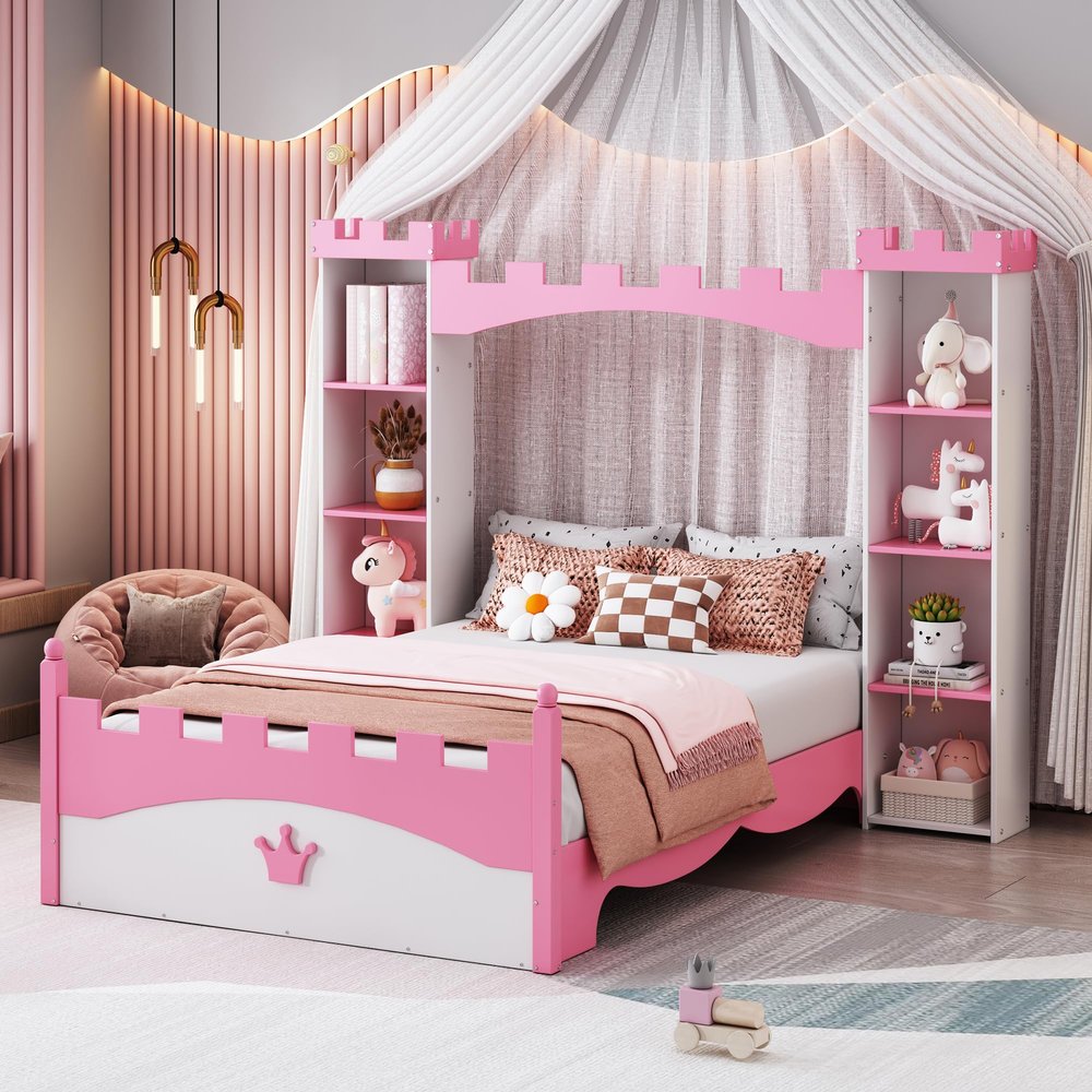 MKABAK Twin Size Princess Bed with Storage Shelves and Castle-Shaped Headboard, Wood Dreamy Platform Bed Frame with Bookshelf for Kids Girls, White+Pink