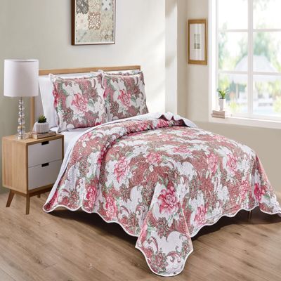 Grand Linen 3-Piece California Cal King Size Wave Edged Oversized Quilt Set 120 inch X 106 inch All Seasons XL Bedspread, Pillow Shams Lightweight Soft Coverlet Pink Green White Colors Floral Pattern