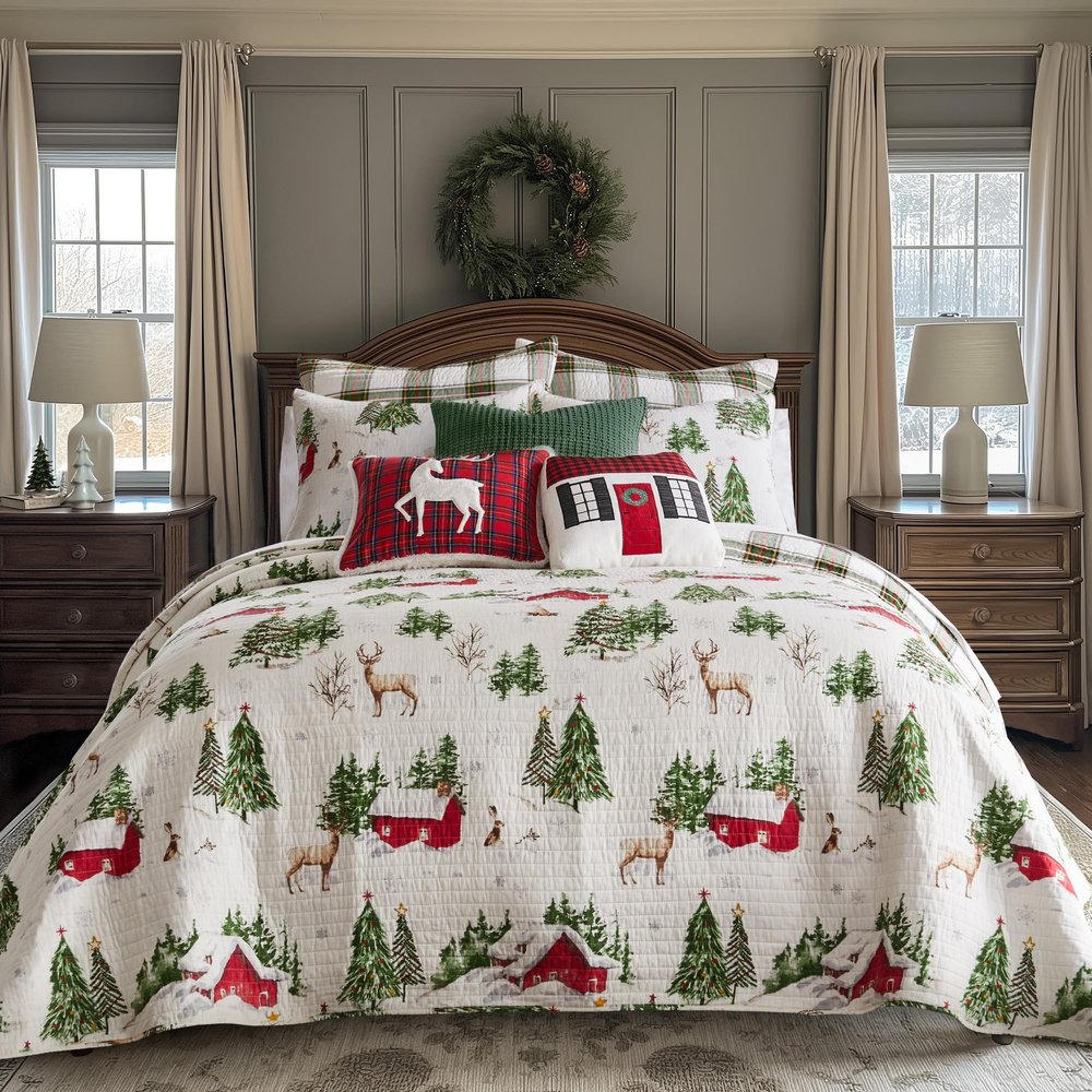 Levtex Home - Tatum Pines Bedspread Set - Queen Bedspread and Two Standard Shams - Christmas Cabin - Red, Green, Brown and White - Bedspread (110X106in.) and Shams (20x26in.) - Cotton