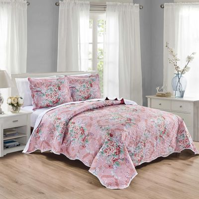 Grand Linen 3-Piece King Size Wave Edged Oversized Quilt Set 120 inch X 106 inch All Seasons Large Bedspread, Pillow Shams Lightweight Soft Coverlet Pink Blue White Colors Bed Cover Floral Pattern