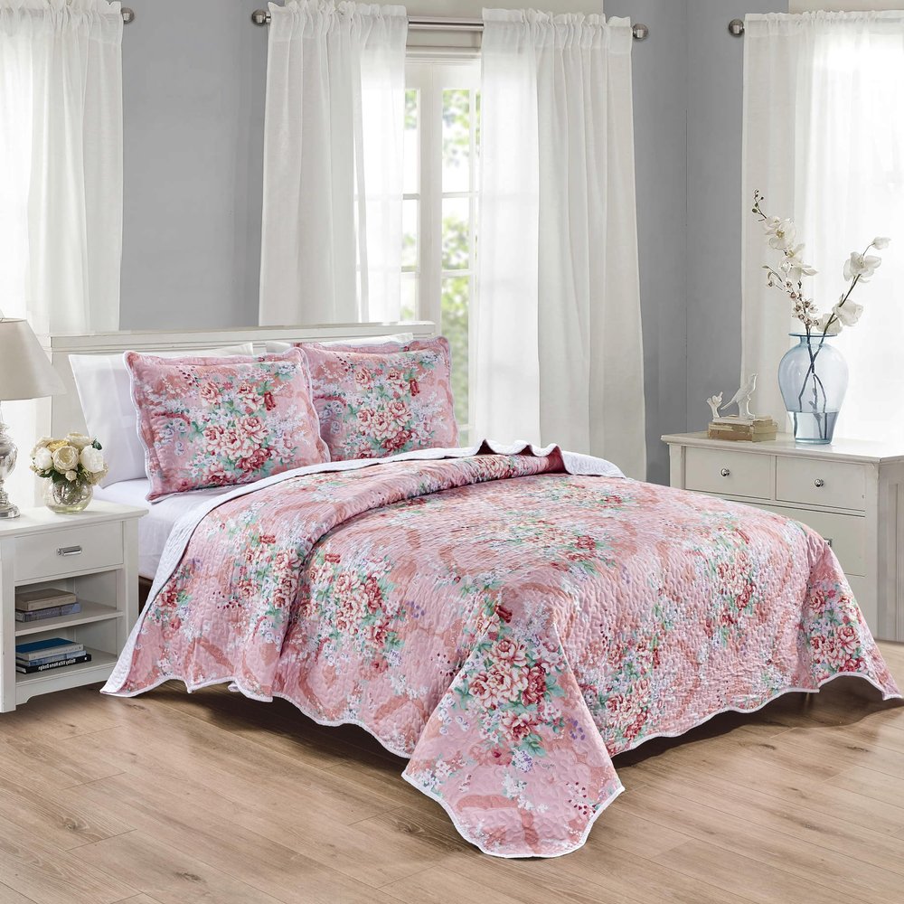 Grand Linen 3-Piece King Size Wave Edged Oversized Quilt Set 120 inch X 106 inch All Seasons Large Bedspread, Pillow Shams Lightweight Soft Coverlet Pink Blue White Colors Bed Cover Floral Pattern