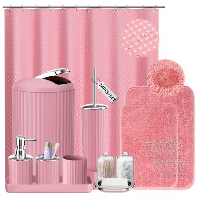 XLHOMO 24 PCS Pink Bathroom Accessories Set with Shower Curtain and Rugs, Bathroom Sets with Extra Soft and Absorbent Bath Rugs Shower Curtain Pink Bathroom Sets for Bath