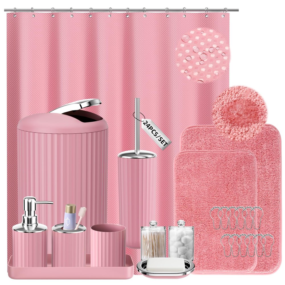 XLHOMO 24 PCS Pink Bathroom Accessories Set with Shower Curtain and Rugs, Bathroom Sets with Extra Soft and Absorbent Bath Rugs Shower Curtain Pink Bathroom Sets for Bath