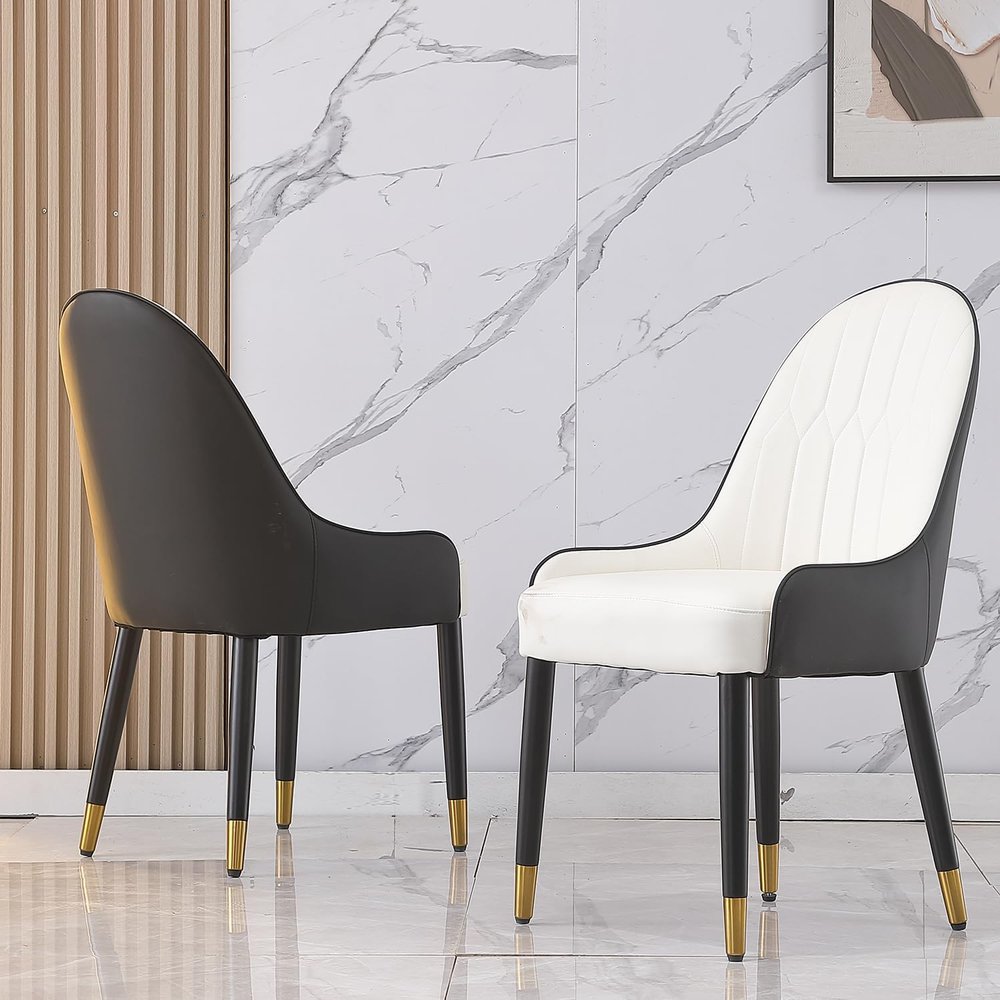2Pcs/ Set Dining Chairs - Ergonomic PU-Leather Chairs with Solid Wood Metal Legs & Backrest, Modern Desk Chair for Living Room, Dining Room, Black